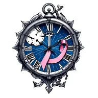 memory clock face tattoo with navy anchor and cancer awareness ribbon tattoo design idea