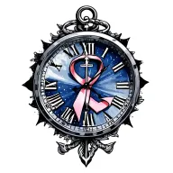 memory clock face tattoo with navy anchor and cancer awareness ribbon tattoo design idea