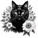 black cat with marigold in mouth, outline  tattoo design idea