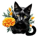 black cat with marigold in mouth, outline  tattoo design idea