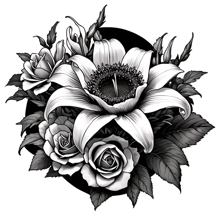 bunch of lillies roses sunflower tattoo design idea