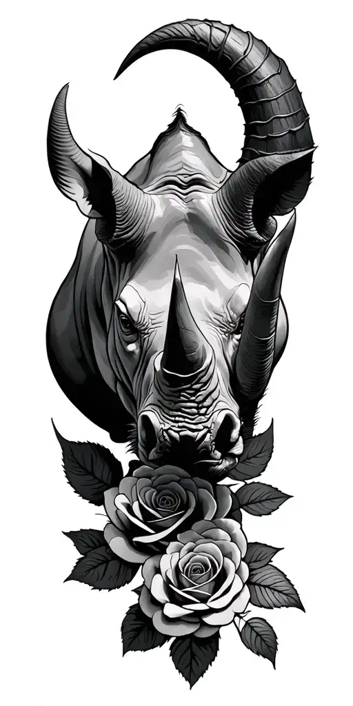 rhino head tattoo roses wrapped tightly curled horns tattoo design idea