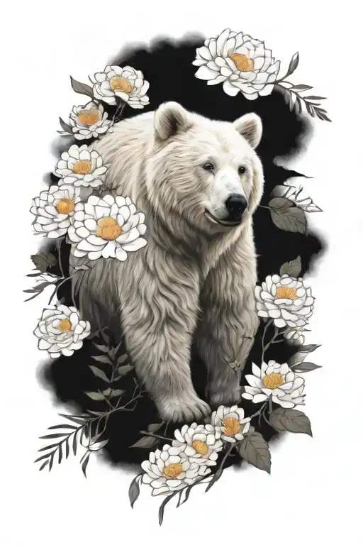 White Kermode bear, Chrysanthemums Flowers, Forest, sunset tattoo design idea