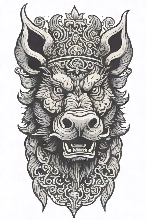 angry boar head wearing a crown with wings background tattoo design idea