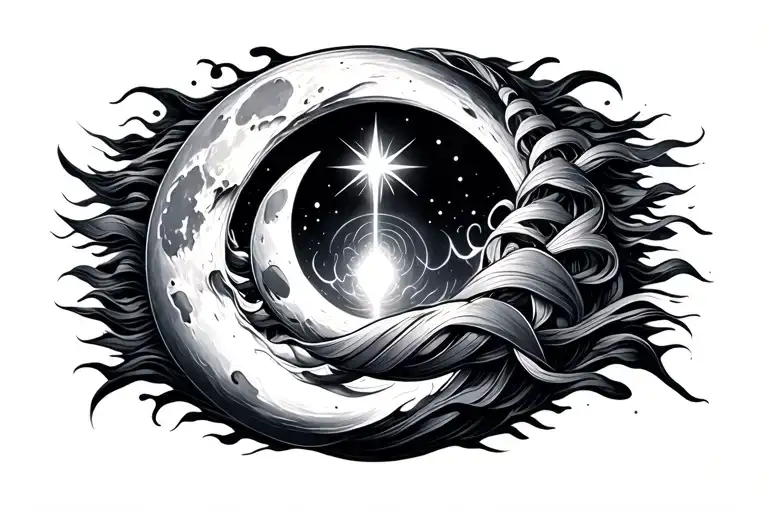 Half moon, flowing soundwaves ,aurora ribbons forming a DNA spiral, a glowing subwoofer  pulse small guiding star above tattoo design idea