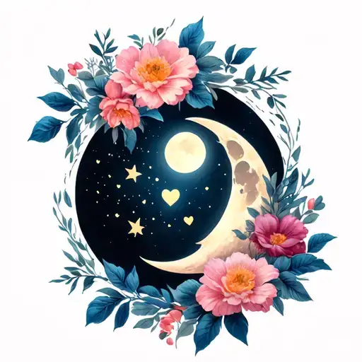 "Luna" moon, flowers hearts tattoo design idea