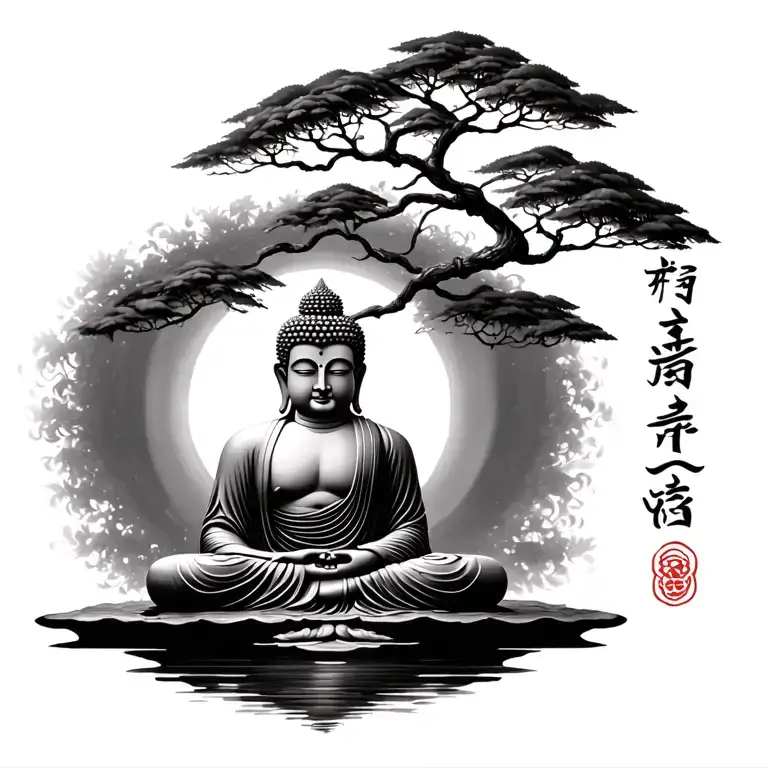 buddha with tree and mantra written tattoo design idea
