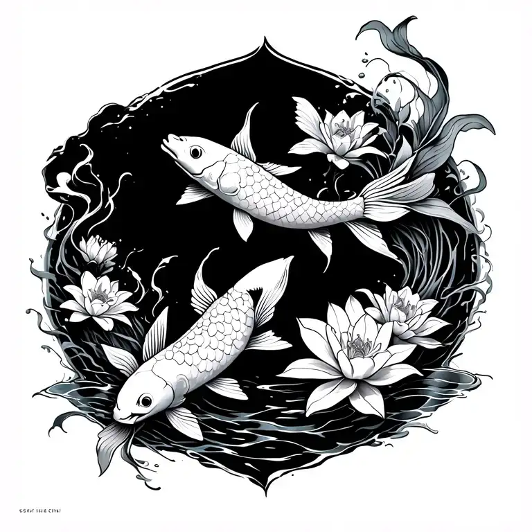 koi fish swimming upstream on back, left shoulder adorned with sakura, right lower back and upper arm with water lilys tattoo design idea