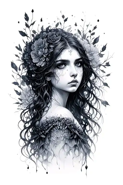 A dark solemn, mysterious feminine figure—represents forgotten places, memories.  embodies sorrow, stillness, grief tattoo design idea