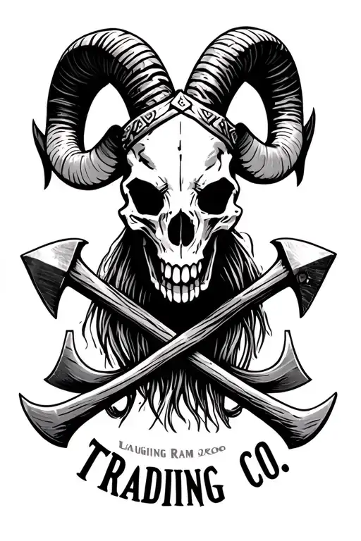 "Laughing Ram Trading Co" "Laughing Ram Trading Co" Jolly Roger, replace skull with ram skull, crossed viking axes. tattoo design idea