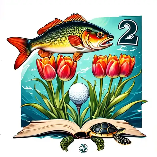 a fish, three tulips, 2 golf tees, the number 2, surfboard, orioles team symbol, turtle, a book all around a compasss tattoo design idea