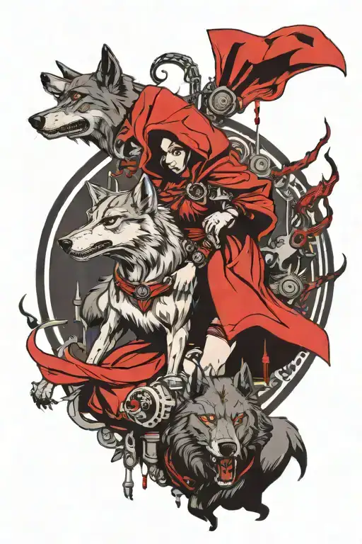 red riding hood and gray wolf cyberpunk in battle tattoo design idea