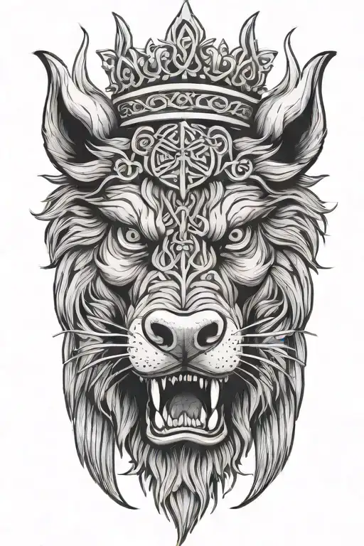 angry boar head wearing a crown with saint michaels sword and wings and a celtic trinity knot background blue eyes tattoo design idea