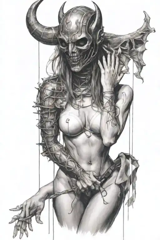 sexy young women blind folded with devil man secretly useing her as a puppet on strings tattoo design idea