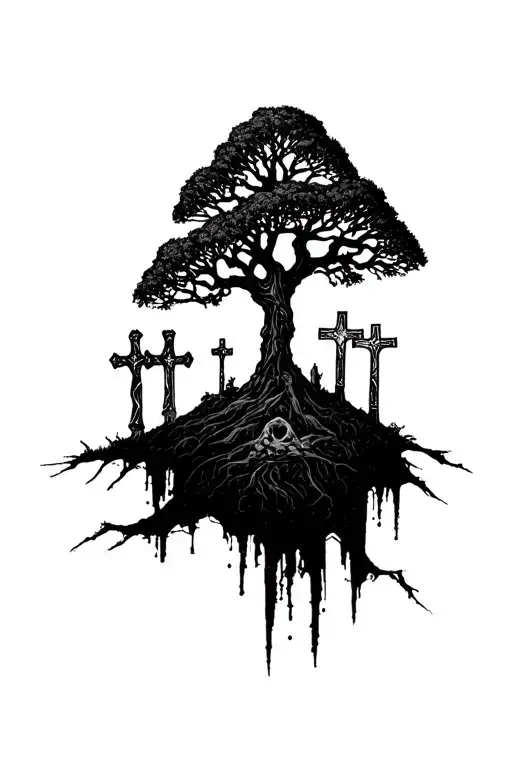 3 crosses sitting on top of hill with a poison tree design growing up over the top meant for the inner forearm  tattoo design idea