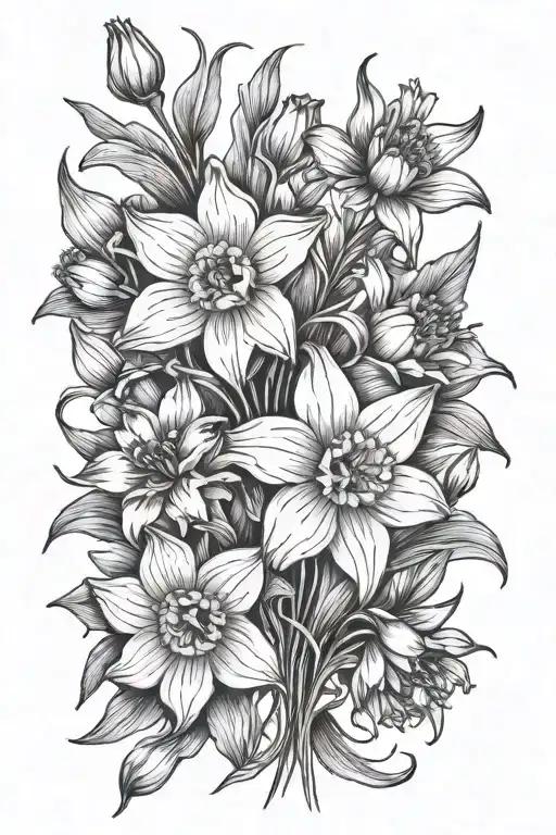daffodil, poppy, and daisy bouquet small simple tattoo design idea