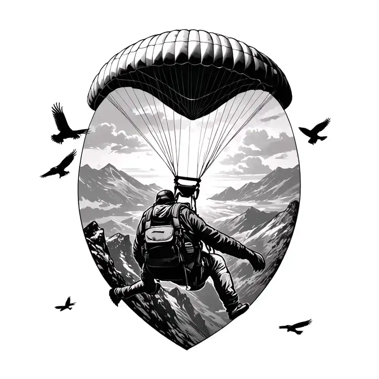 paraglider explore freedom between high mountain. vultures, clouds and the sun rays  tattoo design idea