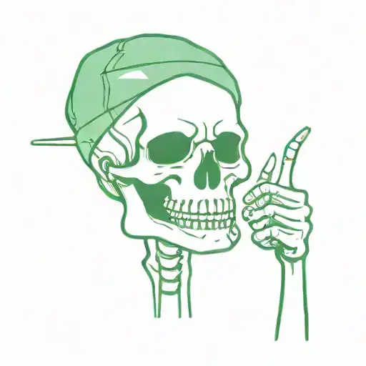 Skeleton Upper Body one hand thumbs up cigarette in mouth and German green Barett on head  tattoo design idea