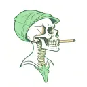 Skeleton Upper Body one hand thumbs up cigarette in mouth and German green Barett on head  tattoo design idea