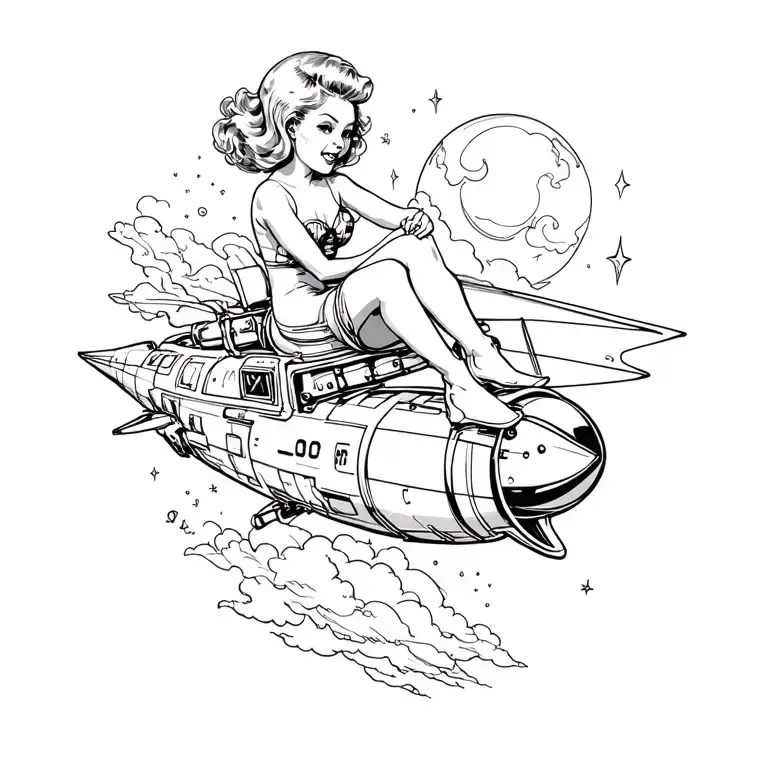 pin up girl riding rocket ship tattoo design idea