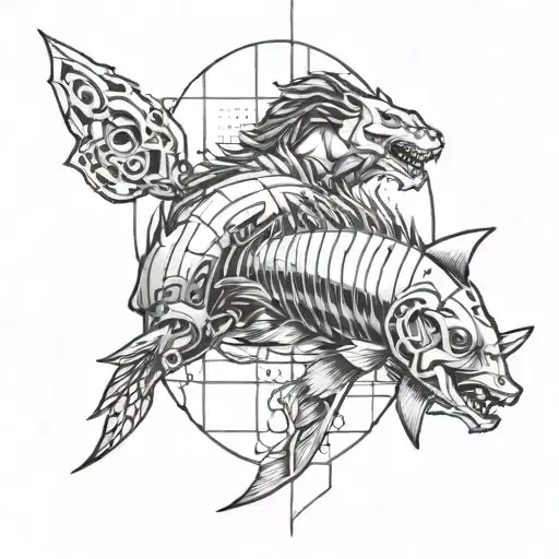 create a forearm tattoo image for a man. pisces and leo in cyberpunk style, reduce the amount of small details and make  tattoo design idea