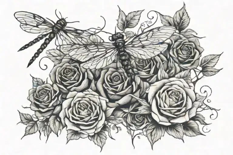 roses, sunflowers, and dragonflies all on vines with thorns tattoo design idea