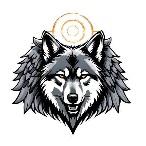 wolf true protector with halo and wings tattoo design idea