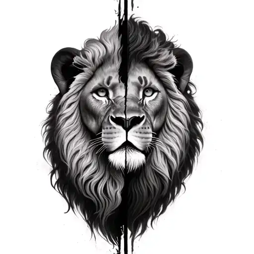 A hyper-realistic tattoo design of a lion’s face split perfectly down the middle with extreme duality. LEFT SIDE = pain, tattoo design idea