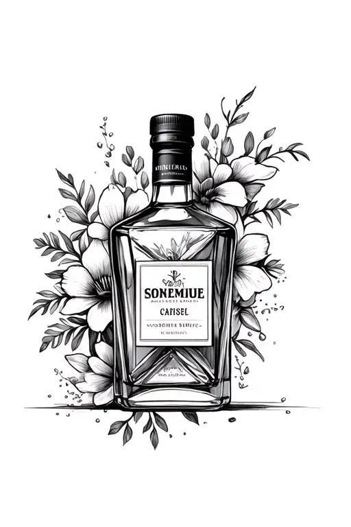 bottle of whiskey in pieces with flowers tattoo design idea
