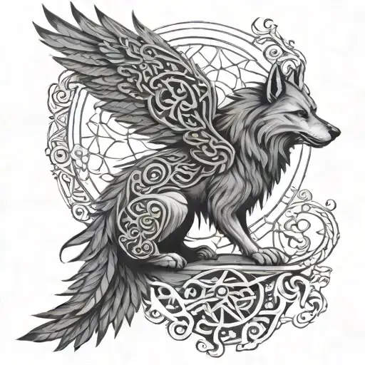 A fenrir perched on runes with intricate line work, and viking rune patterns woven into the feathers and skull. tattoo design idea