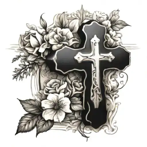 blank cross surrounded by flowers tattoo design idea