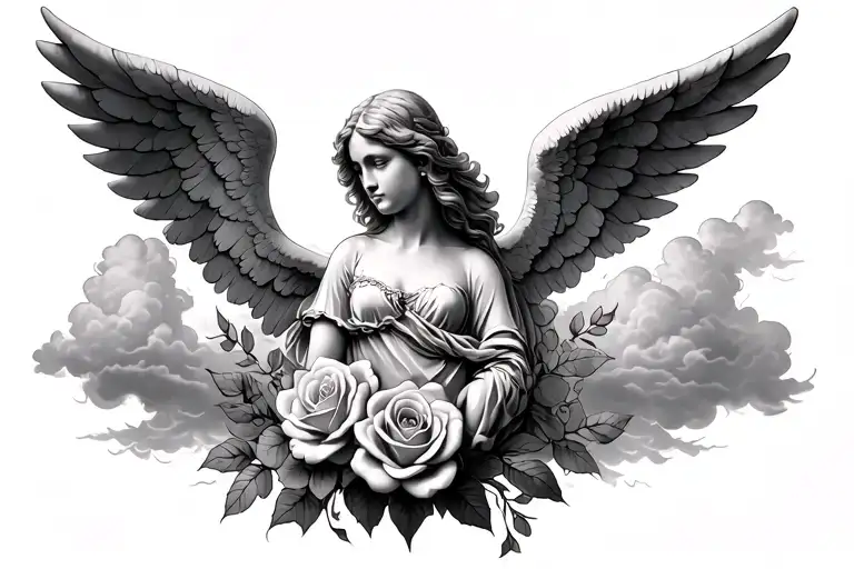 Angel tattoo with roses and clouds tattoo design idea