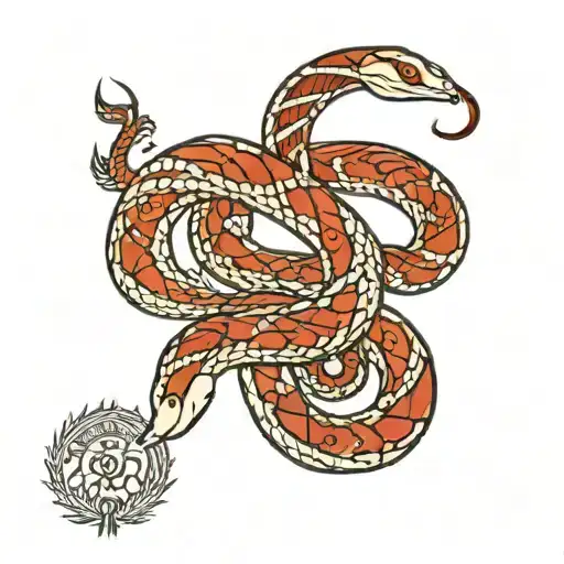 a red ornate snake tattoo on the arm, that goes from the shoulder to the wrist. the snake tattoo is spirally wrapped aro tattoo design idea