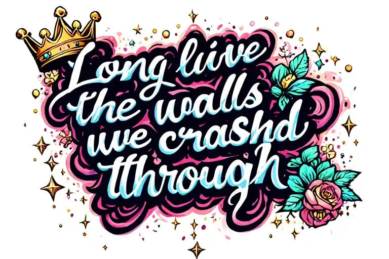 "Long live the walls we crashed through"Flowing, dreamy scriptMaybe a tiny crown, twinkling stars, or sparkles around tattoo design idea