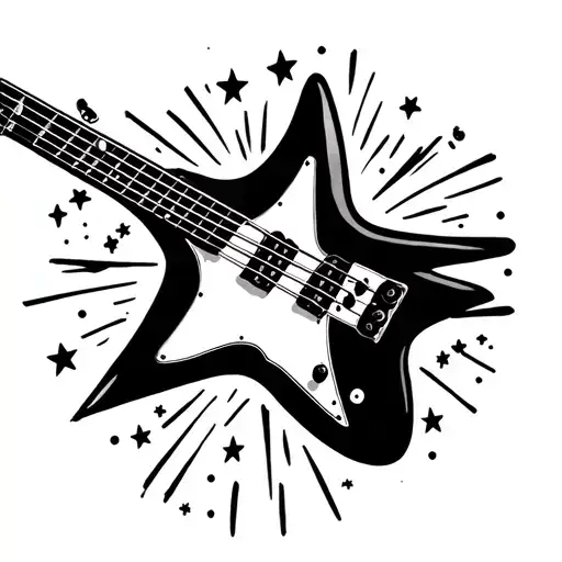 A bass guitar with a star in the middle, surrounded by small stars. tattoo design idea
