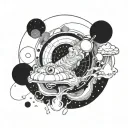 A surrealistic scene of a mind floating in space, with subtle drug references incorporated in the design tattoo design idea