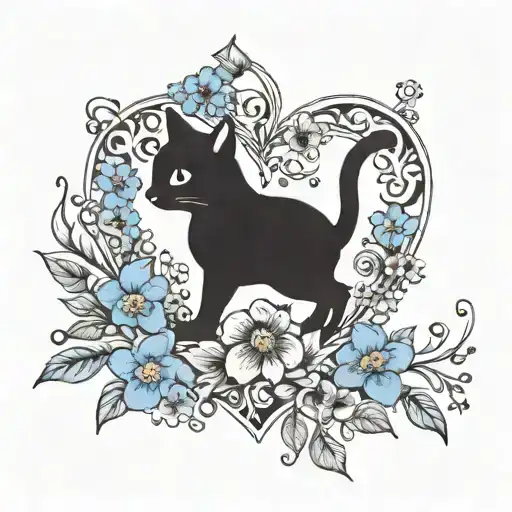 forget me not flower heart surrounding five cat paw prints wit the names Pippa Dinx Morris Minnie Sid underneath  tattoo design idea