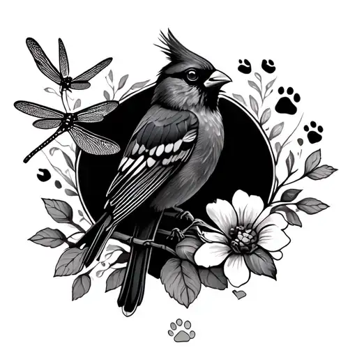 dainty black cardinal, dragonfly's, paw prints and flowers  tattoo design idea
