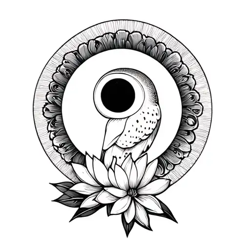solar eclipse with lotus flower and barn owl without shading  tattoo design idea