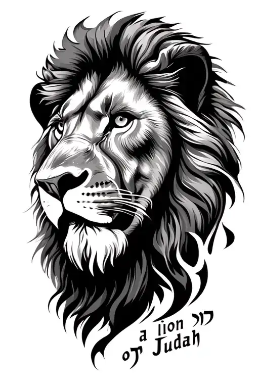 the face of the lion of Judah with the words a lion of Judah in hebrew tattoo design idea