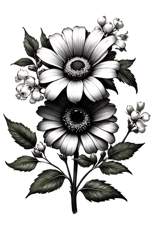 black eyed susan flower, orange blossom flower, rowan leaf tattoo design idea