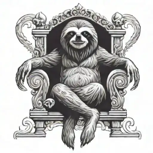 evil sloth sitting on a throne looking straight tattoo design idea