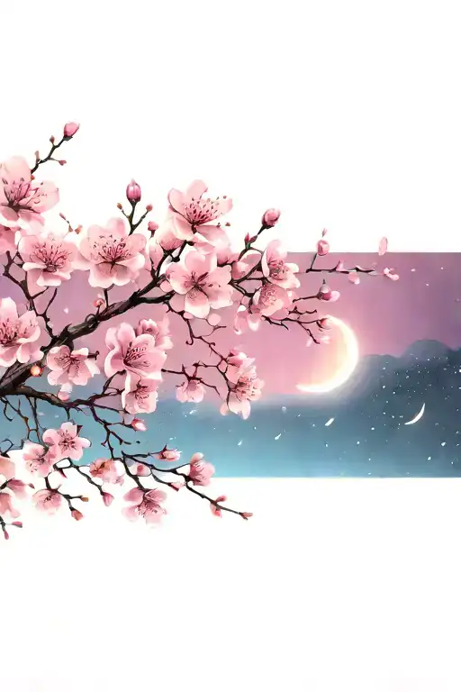 pink cherry blossoms branches reaching towards the night sky with sakura flowers blowing in the wind tattoo design idea