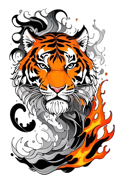 A Japanese-style tiger tattoo placed on the calf, featuring mist and fire elements that spiral upward in flowing lines.  tattoo design idea
