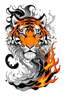 A Japanese-style tiger tattoo placed on the calf, featuring mist and fire elements that spiral upward in flowing lines.  tattoo design idea