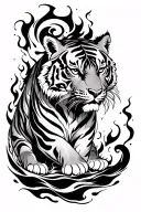 A Japanese-style tiger tattoo placed on the calf, featuring mist and fire elements that spiral upward in flowing lines.  tattoo design idea