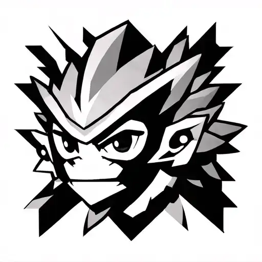 deku shrub from majoras mask with geometric shapes in background tattoo design idea