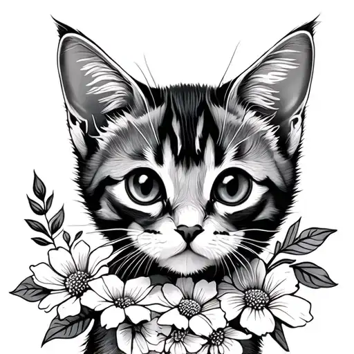 Stencil cat fine line floral kitten tattoo design idea