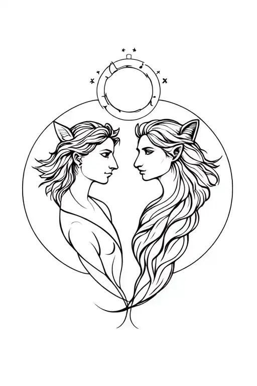Gemini and Leo couple design featuring celestial elements tattoo design idea