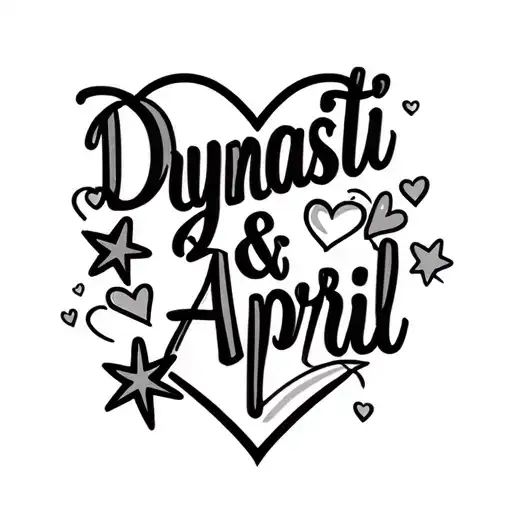 "Dynasti & April" "Dynasti & April"  name script hearts and stars tattoo design idea